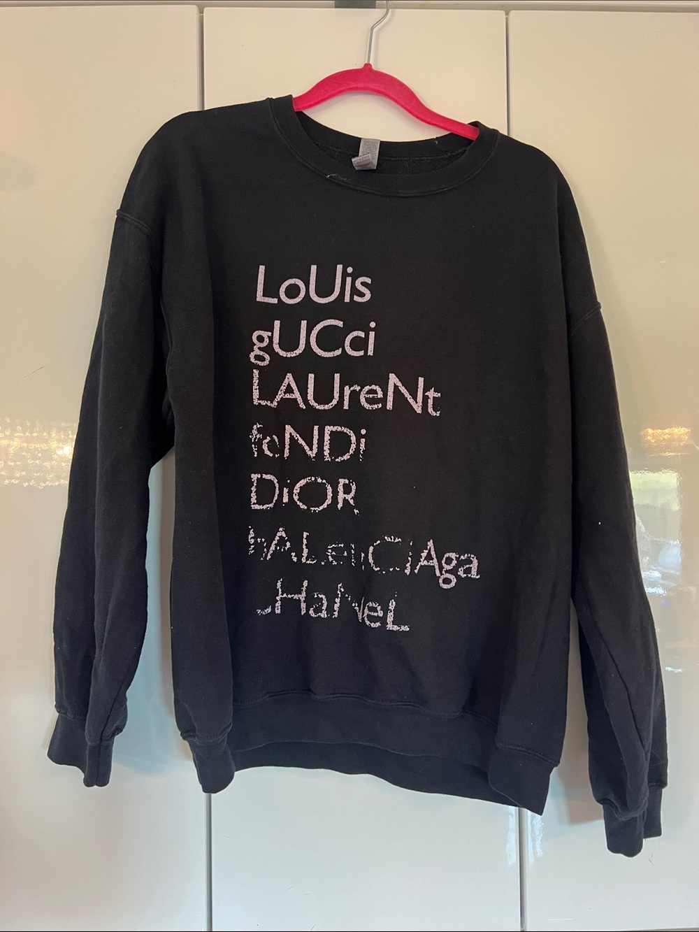 Gildan Black Crewneck Sweatshirt with Distressed Metallic Logo Text